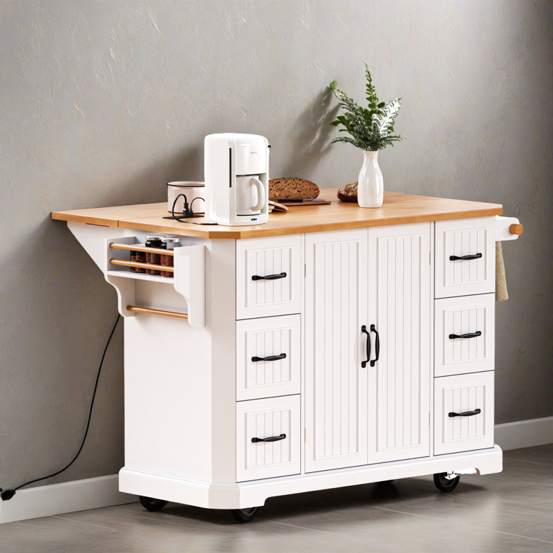 55.52" Kitchen Island with Drop Leaf, Power Outlet, Embossed Vertical Stripe Rolling Kitchen Cart with Drawers for Kitchen, Dining Room