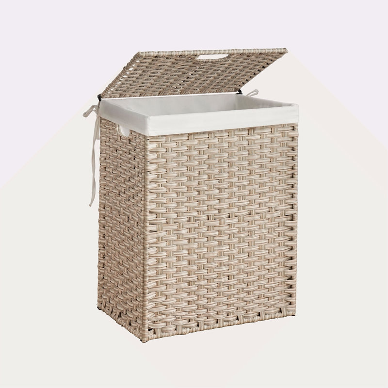 Panier à linge avec couvercle PE en rotin thermolaqué, paniers à linge avec 01 sacs amovibles, 100 L, Gris