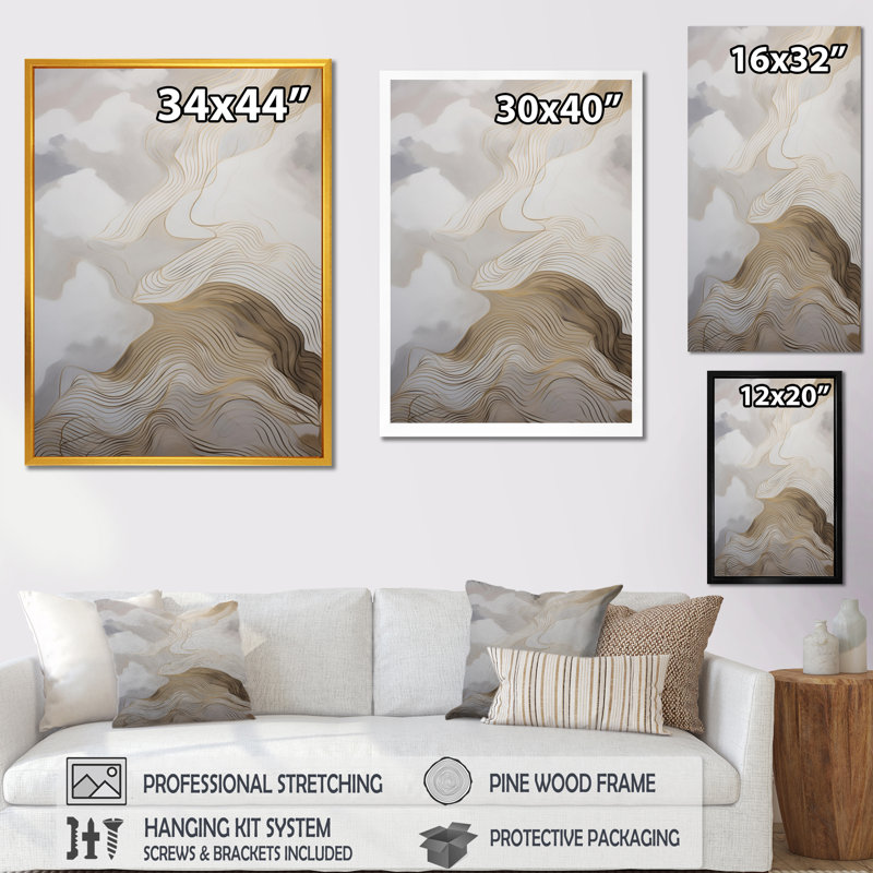 «Gold and Gray Line Art In Motion V», impression sur toile encadrée, H 32 po x l 24 po x P 1 po, Toile tendue