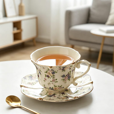 Vintage Country Roses Bone China Tea Cup and Saucer Set with Spoon, 3-Piece Floral Porcelain Tea Set, 8.5 Ounce Cup for Coffee, Tea Parties, and Home Decor