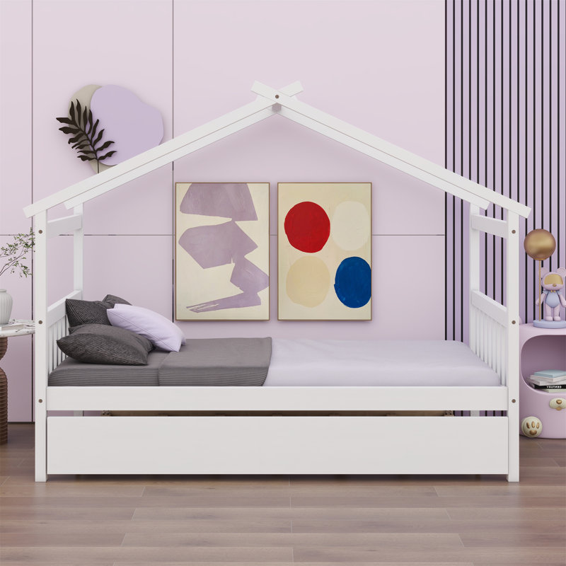 Lit en bois avec lit gigogne simple, Blanc, Lit simple