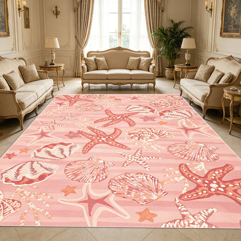1PC Pink Coastal Nautical Seashell Starfish area rugs for Living Room, Soft and Comfortable, easy-to-maintain, machine washable Indoor floor mat, Under Table Farmhouse suitable for dining table, kitchen, bedroom, entryway, patio, hallway.