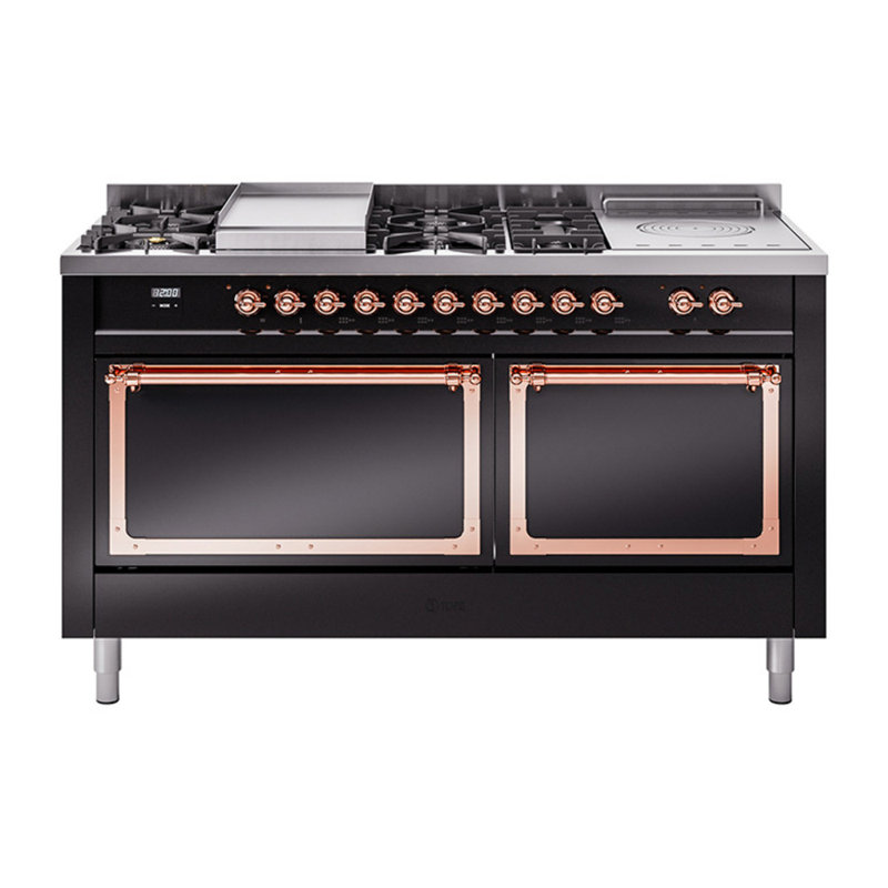 ILVE Nostalgie II Noblesse 60 in Dual Fuel Range 7 Burner, Griddle, Frenchtop, Glossy Black/Copper, Natural Gas