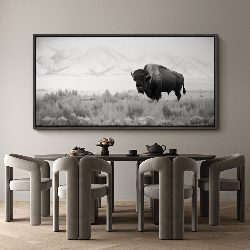 Cow " Monochrome Bison In The Plains Rustic Retro Art Decor Extra Large Artwork Pictures ", 30" H x 60" W, Black