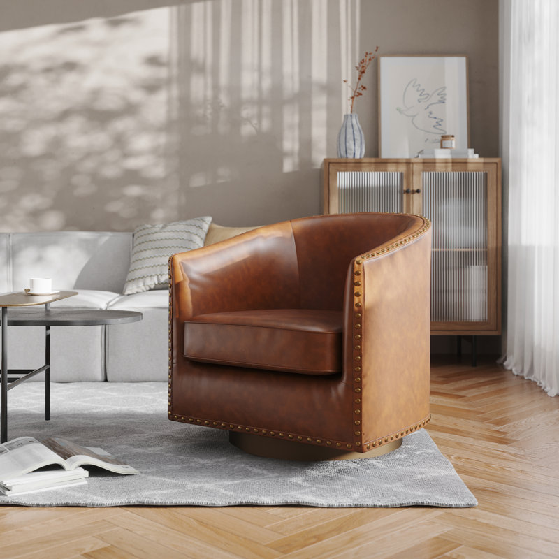Byran Classic Club Style Chair with 360° Swivel Base and Nail Head Trim, Brown Faux Leather