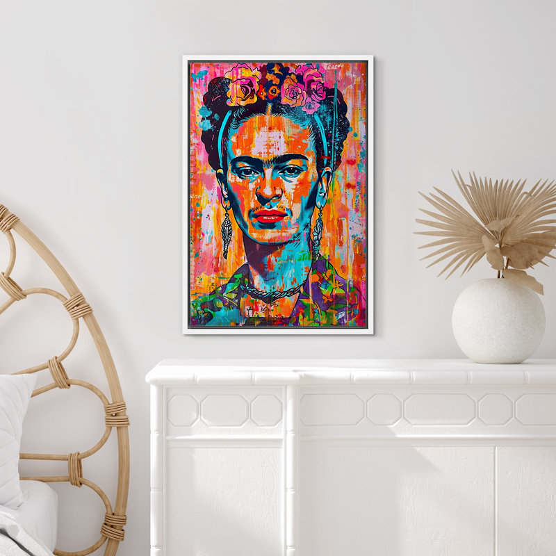 «Pop Urban Street», Frida Kahlo, Portrait coloré, graffiti vibrant, œuvre d'art sur toile encadrée, Cadre blanc