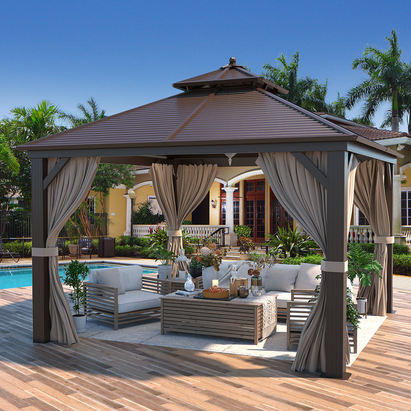 12 pi. L 12 pi. D Pavillon de jardin avec toit double en acier galvanisé, moustiquaire et rideaux inclus