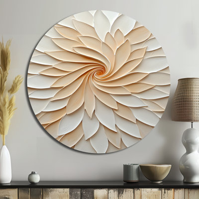 Beige pétale flamme tourbillon - abstrait floral grand rond, art mural en métal orange