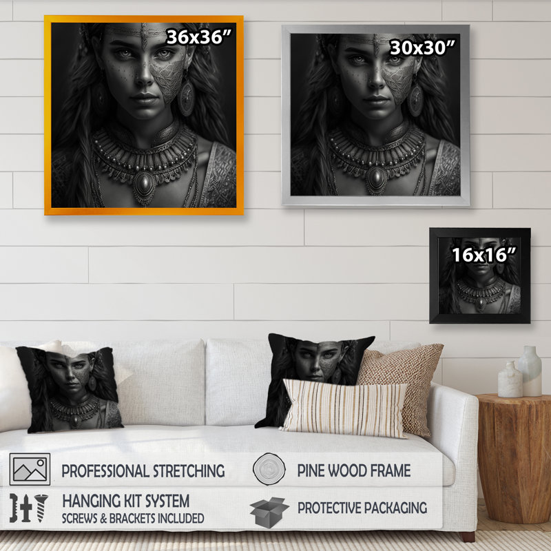 Portrait bohémien en noir et blanc - reproduction sur toile, H 16 po x l 16 po x P 1 po, Impression noire sur toile encadrée