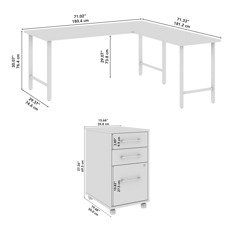 Bush Business Furniture Hustle 72W X 30D L Shaped Computer Desk With 3 Drawer Mobile File Cabinet - Reversible, Natural