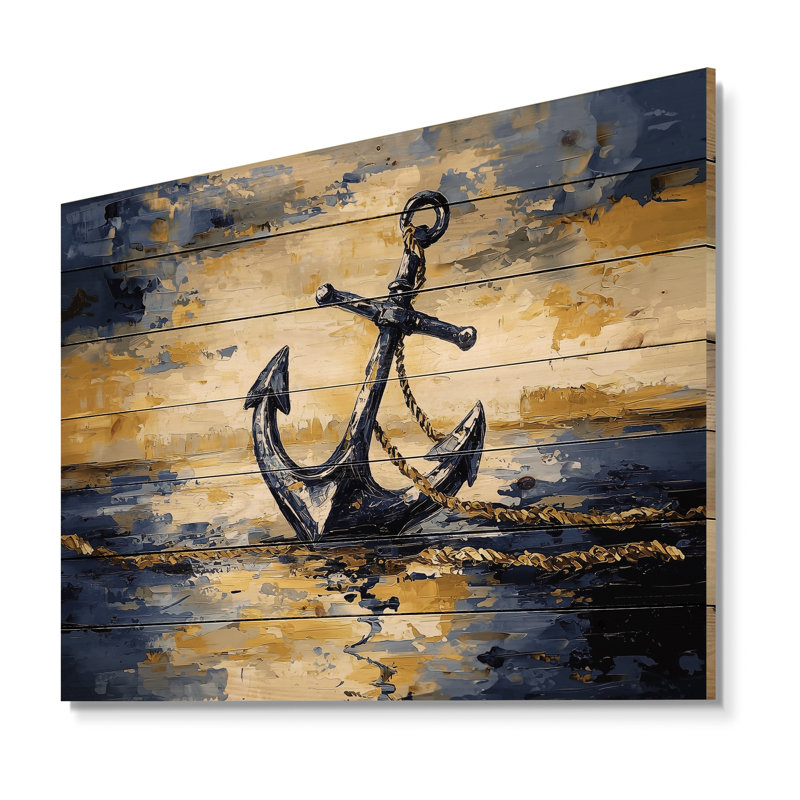 Coastal Anchor Into The Ocean - Art mural en bois nautique sur bois de pin naturel, H 24 po x l 32 po