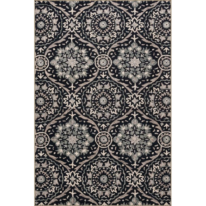 Tapis noir lavable floral à base tissée, Tapis de couloir 3 pi 3 po x 9 pi 10 po