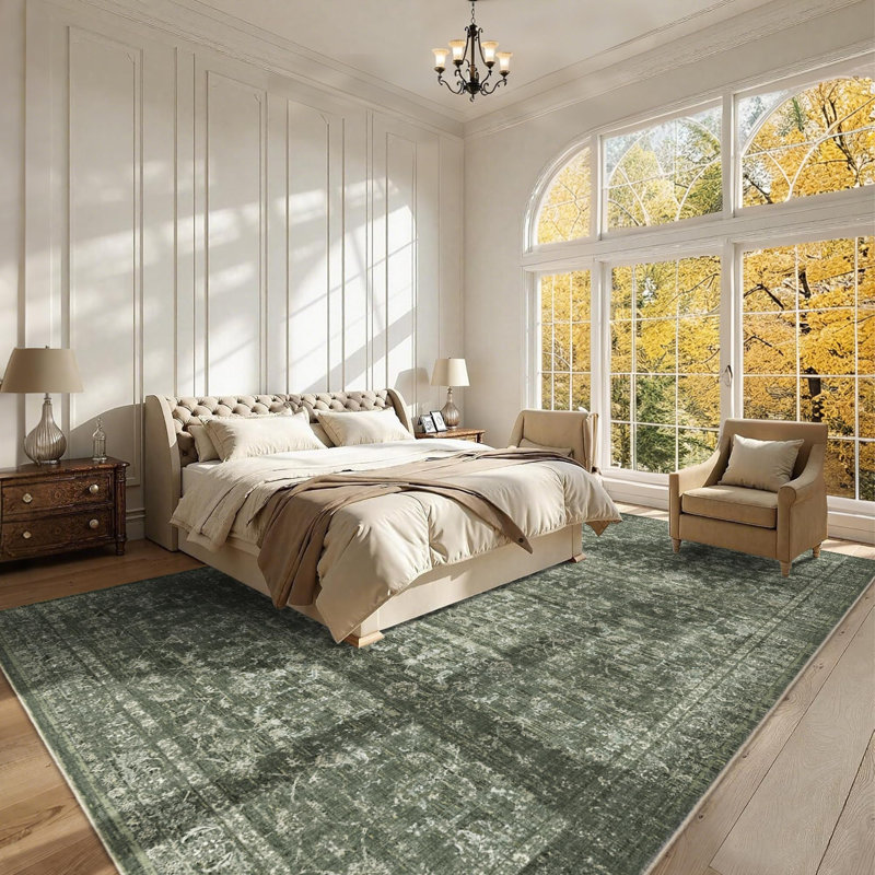 Vintage Boho Area Rug - Washable Non Slip Low Pile Rug, Rectangle 10' x 14', Dark Green