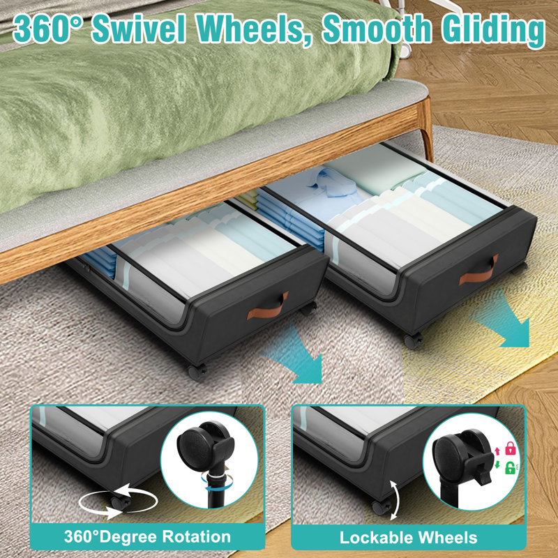 Rangement sous le lit avec roulettes, ensemble de 4 contenants de rangement sous le lit avec couvercles et étiquettes transparents, bacs de rangement sous le lit, tiroir à roulettes en métal pour vêtements, chaussures, jouets, livres - noir