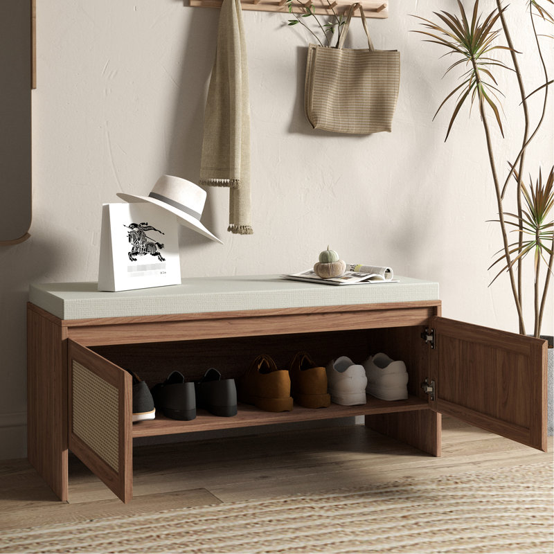 PP Rattan Storage Bench With Cushion, Faux Rattan Shoe Cabinet With 2 Doors, Mid-Century Modern Wood Entryway Seat, For Bedroom, Hallway, Mudroom, Natural Finish