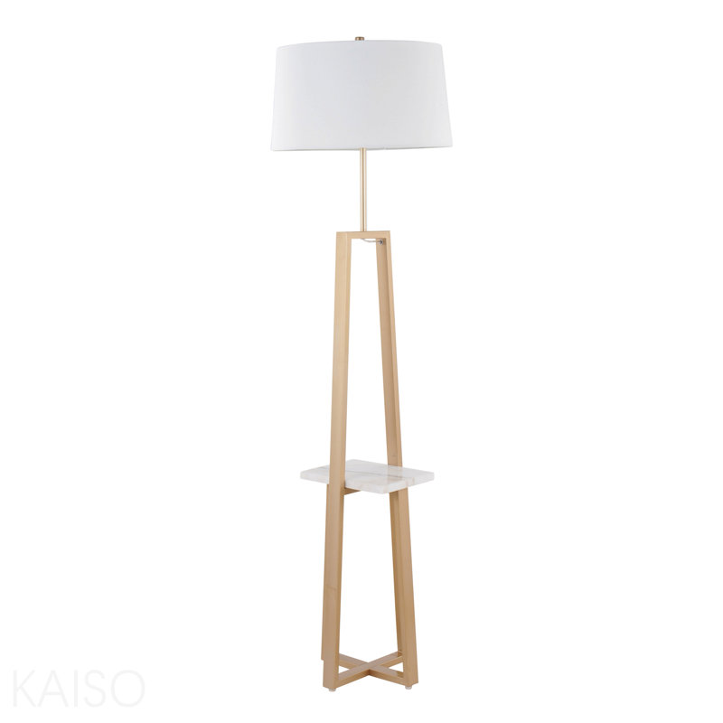 Shelf Contemporary Floor Lamp In White Marble And Gold Metal With White Linen Shade