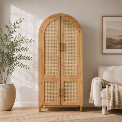 Grande armoire arquée 71 po avec portes en rotin et tablettes réglables, armoire de rangement de style campagne moderne à 4 portes avec supports intégrés pour la cuisine, la salle à manger et le bureau