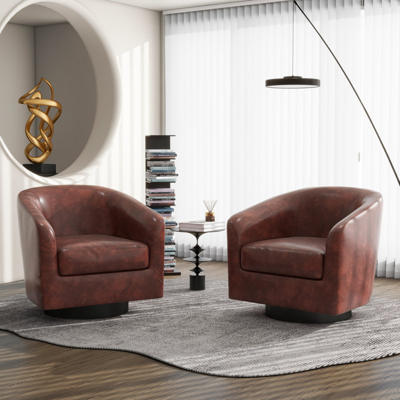 Fauteuil demi-tonneau pivotant en similicuir rouge brun avec base en bois massif Applewold, Similicuir brun rougeâtre
