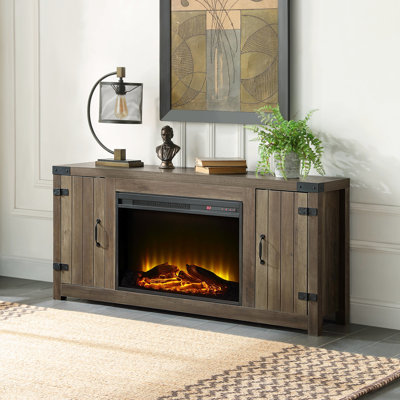 Meuble télé avec foyer au fini chêne rustique, 2 tiroirs de rangement, rangements pour portes, épaisseur de plateau de 15 mm, métal et bois synthétique, poids de 100 lb, 53,77 de largeur, 25,32 de hauteur, 11,73 de profondeur, kd