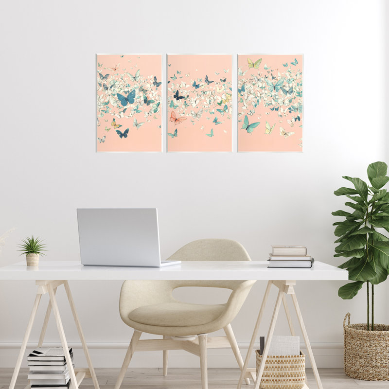 Ensemble de 3 plaques murales Blush Butterfly Soiree Triptych, design par Petal Prints Design, H 15 po x l 30 po