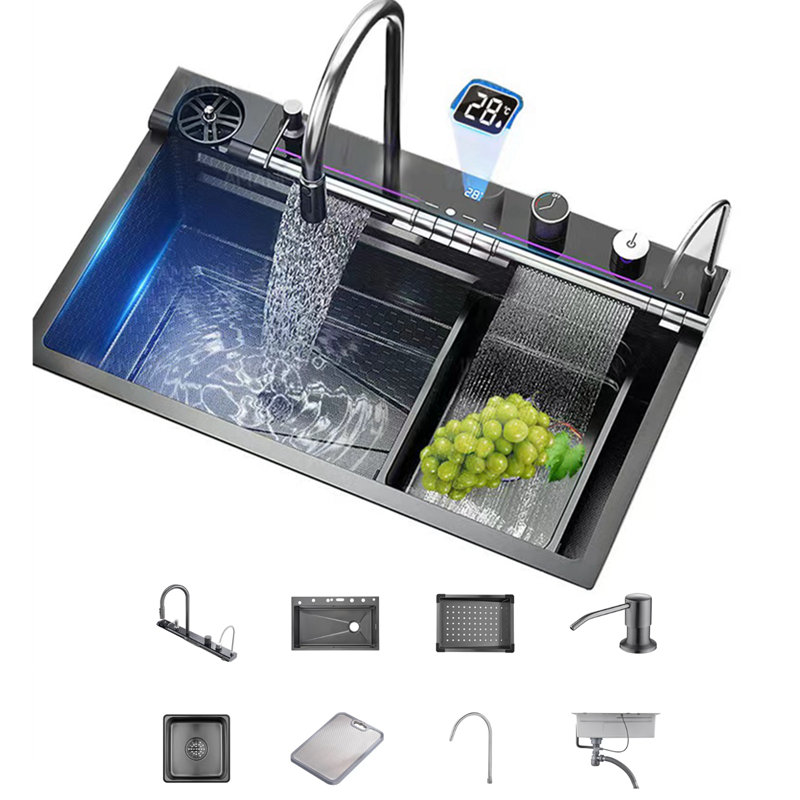 Évier de cuisine à affichage numérique Nano-Coated avec robinet escamotable à 5 modes et boutons de piano - Évier de poste de travail simple en acier inoxydable 304 brossé gris avec accessoires