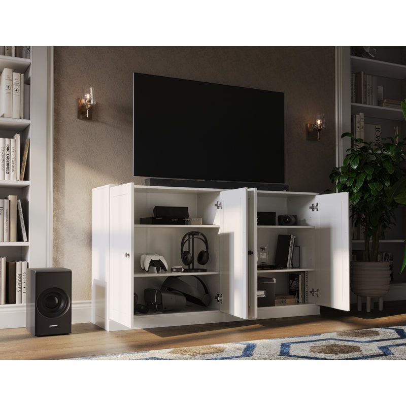 Meuble télé 100% bois massif, console de 64 po de largeur avec portes à panneau surélevé et rangement, Blanc