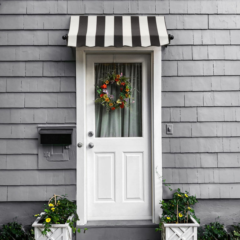 Awntech Charleston Acrylic Fabric Awning with Iron Scroll Arms, 36" H x 76.5" W x 24" D, Black/White Stripe
