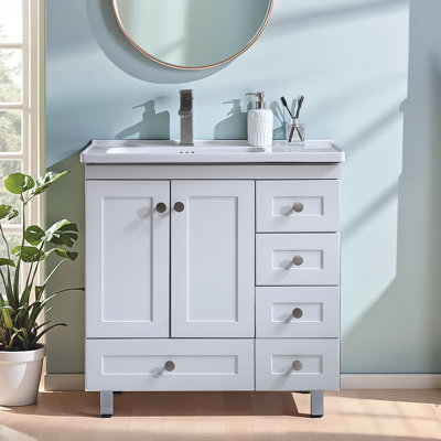 32"Hamptons White Freestanding Single Bathroom Vanity with Ceramic Sink Top