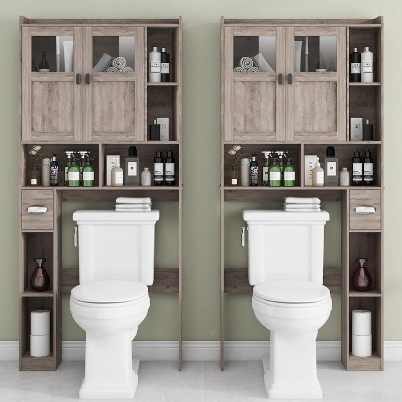 Gray Over-the-Toilet Storage Cabinet with Glass Doors and Adjustable Shelves