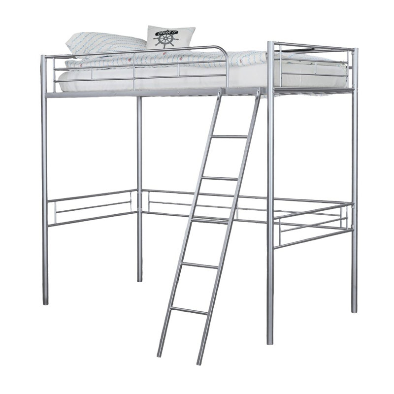 Argent, lit mezzanine simple contemporain en métal, attaché, espace ouvert, aire de jeu, structure argentée, bureau intégré, chambre à coucher