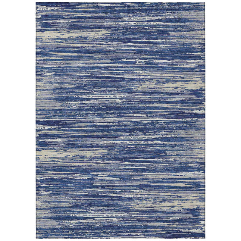 Tapis extérieur lavable rayé bleu marine et ivoire 9 pi x 12 pi