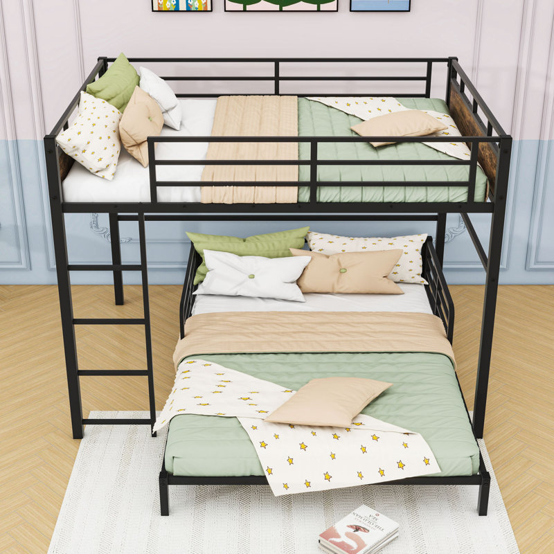 Metal Bunk Bed With Raised Security Fence, Vintage Wood, Full Over Full