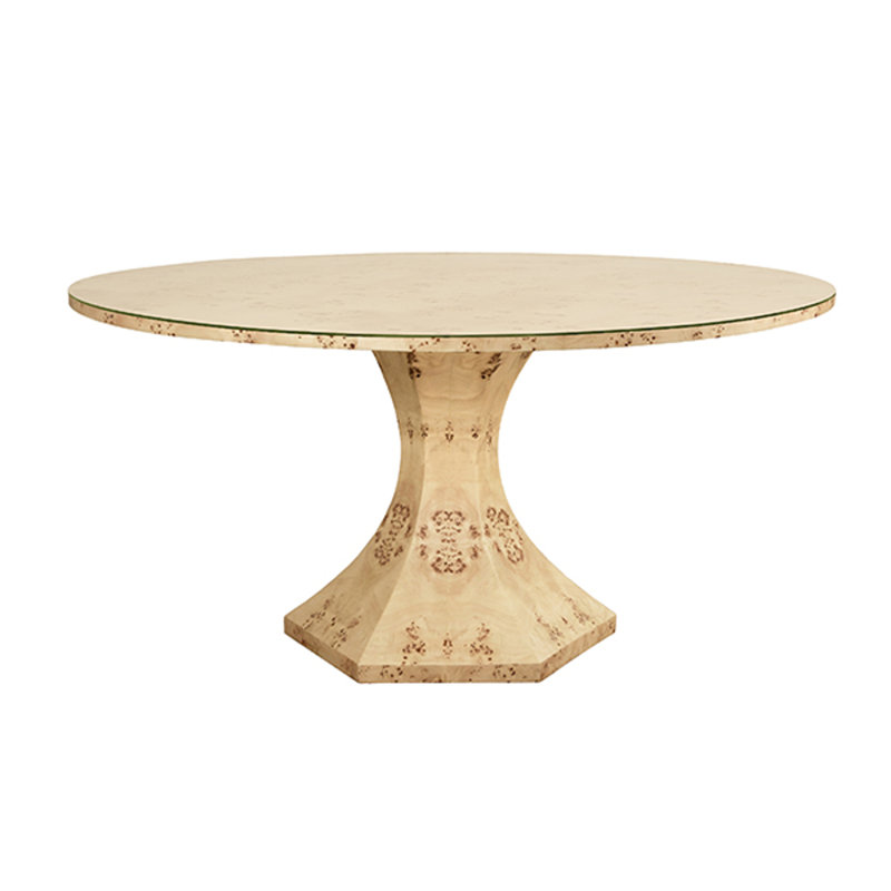 Glass Dining Table, Matte Burl Wood