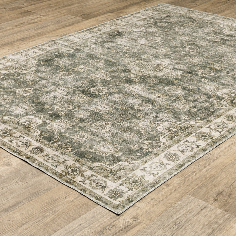 Houtz Machine Washable Non-Slip Green/Gray/Beige Area Rug Mat, Rectangle 2' x 3'
