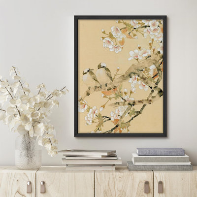 Birds Resting on Branches in Classic Asian Floral Design Illustration, affiche rustique encadrée