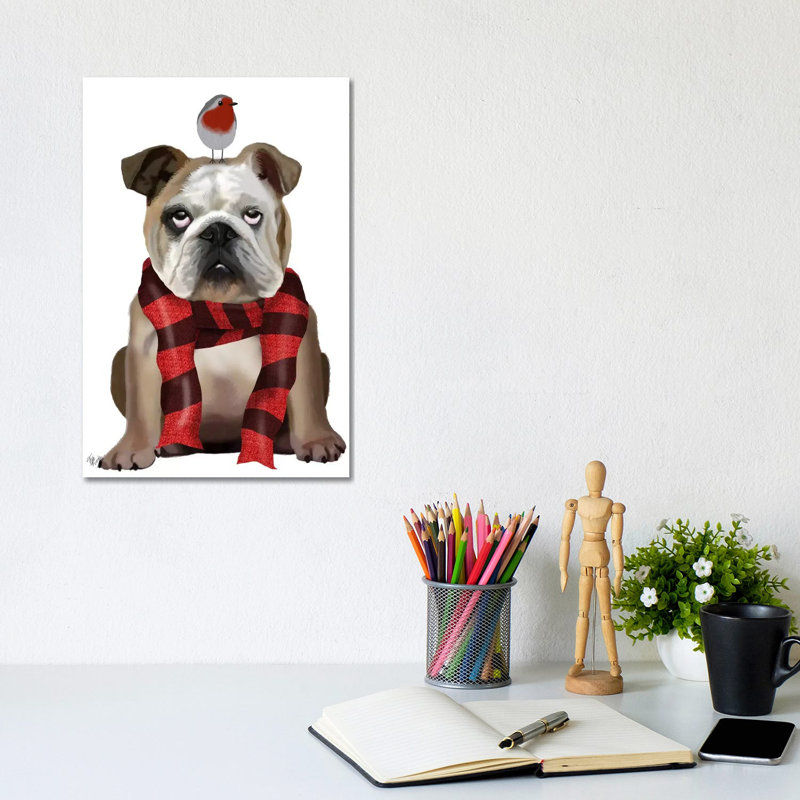 English Bulldog, Scarf And Robin by Fab Funky - Wrapped Canvas Gallery-Wrapped Canvas Giclée, 20.32 cm H x 30.48 cm W
