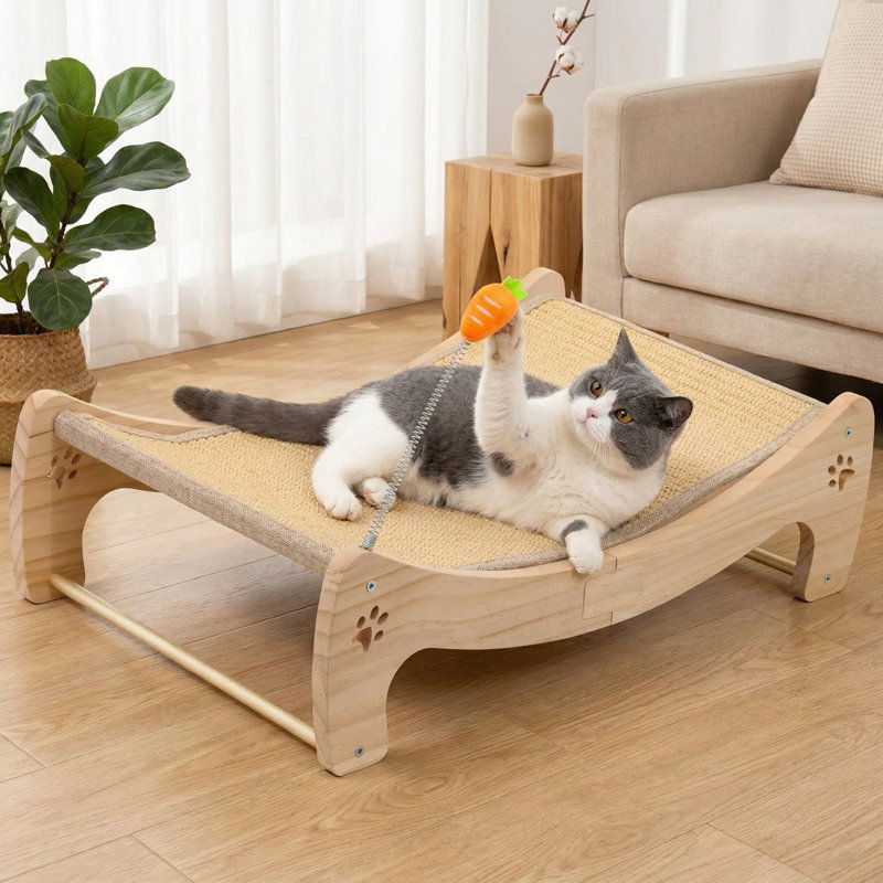 Grattoir 3 en 1 en sisal en bois, hamac et centre de jeu pour chats d'intérieur, protecteur de meubles avec cadre en bois massif, très grand, comprend un jouet de carotte interactif