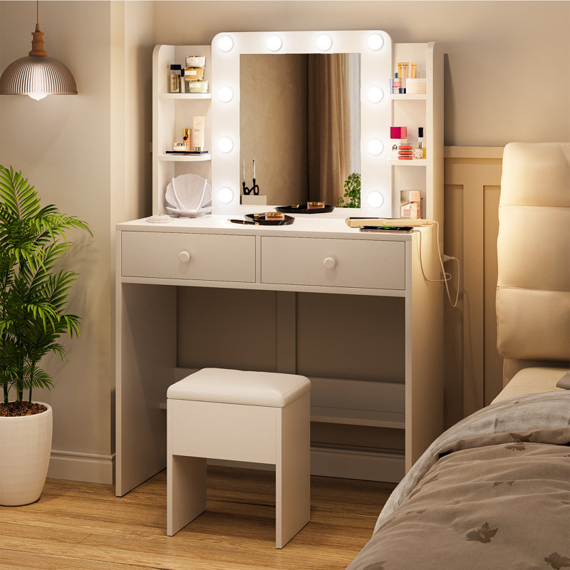 Vanity Set With Lighting Mirror And 6 Open Shelves, 2 Drawers And Storage Stool