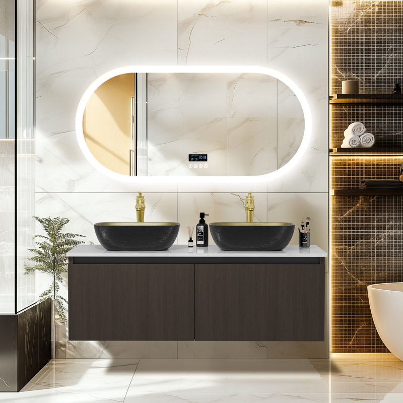 Meuble-lavabo flottant mural moderne et élégant avec comptoir, lavabo en céramique, robinet en cuivre, portes doubles ouvertes, 3 tailles