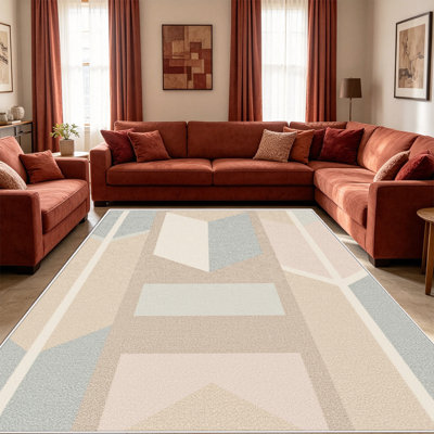 Tapis beige 1PC à géométrie bleue, élégant tapis décoratif polyvalent, facile à nettoyer et à entretenir, pièce de mobilier idéale pour la chambre à coucher, le salon, le couloir, le vestibule, le dortoir et le bureau afin de rafraîchir l'ambiance intérieure de votre maison