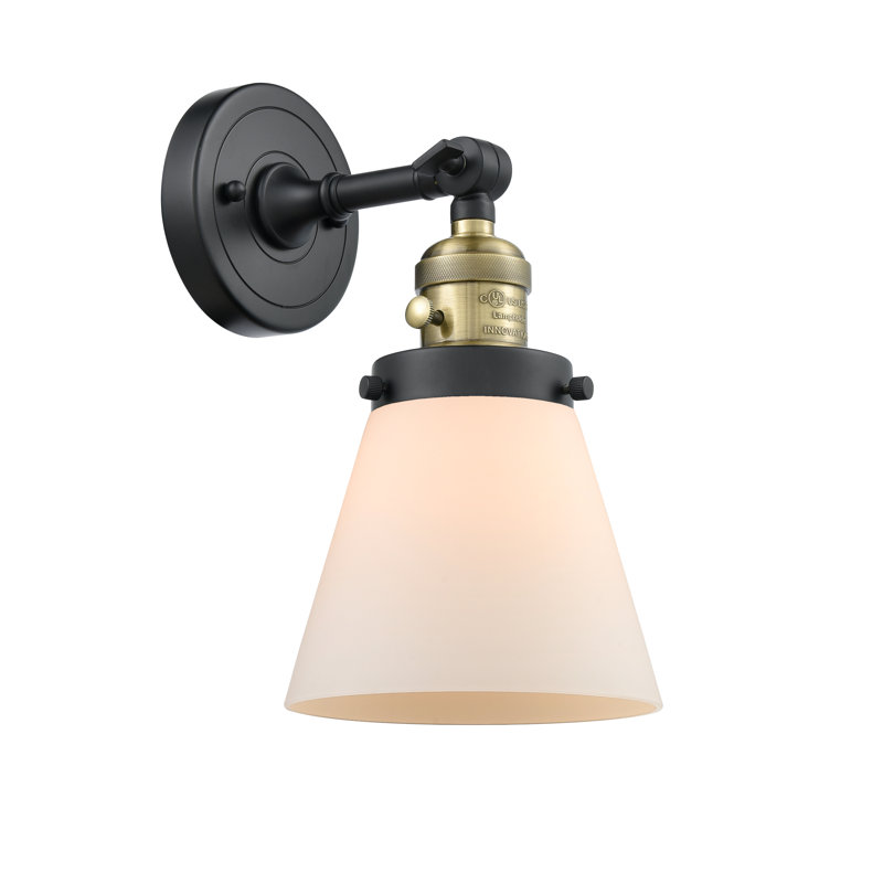 Applique murale 1 lumière Cone, Boîtier blanc mat, Laiton antique noir, Ampoule non incluse
