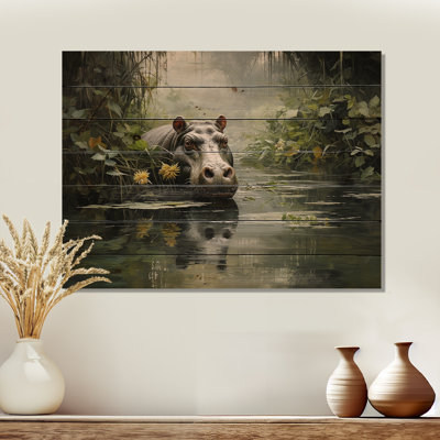 Hippo Secret Hideaway II - Hippopotamus On Wood Print