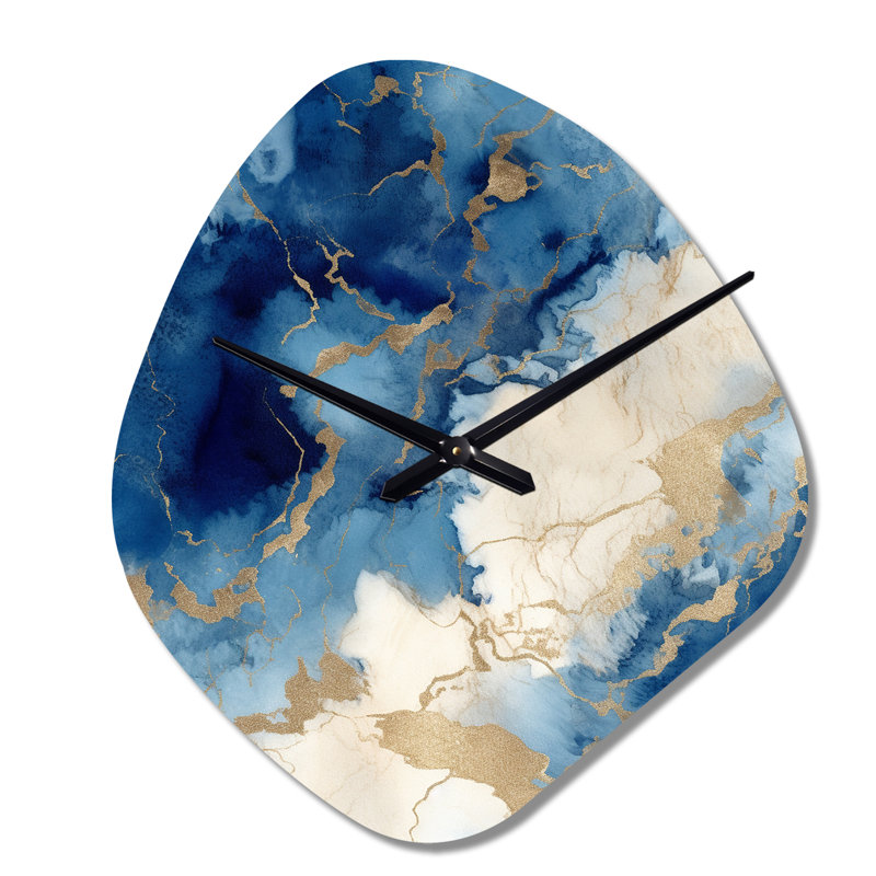 Blue And Gold Marble Clouds X - Nebula Shape Decorative Blue Fractals Wall Clock, Small