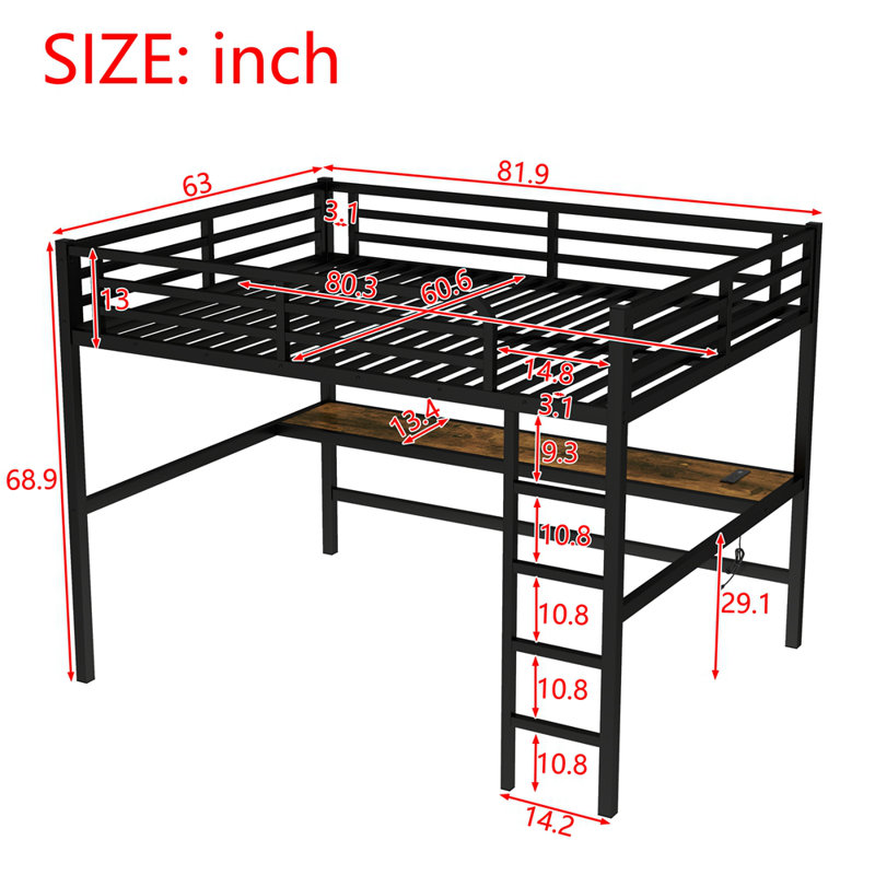 Metal Queen Size Loft Bed with Power Outlet and LED Lighted, Space-Saving, Noise Reduced