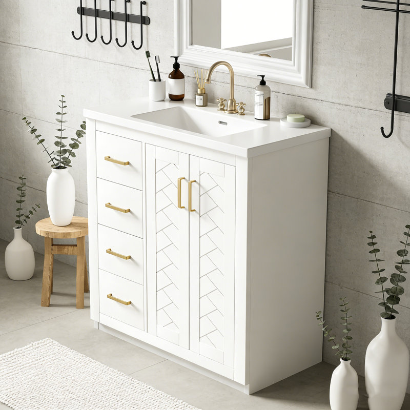 Meuble-lavabo de 30 po avec lavabo en céramique et rangement en bois massif, Blanc