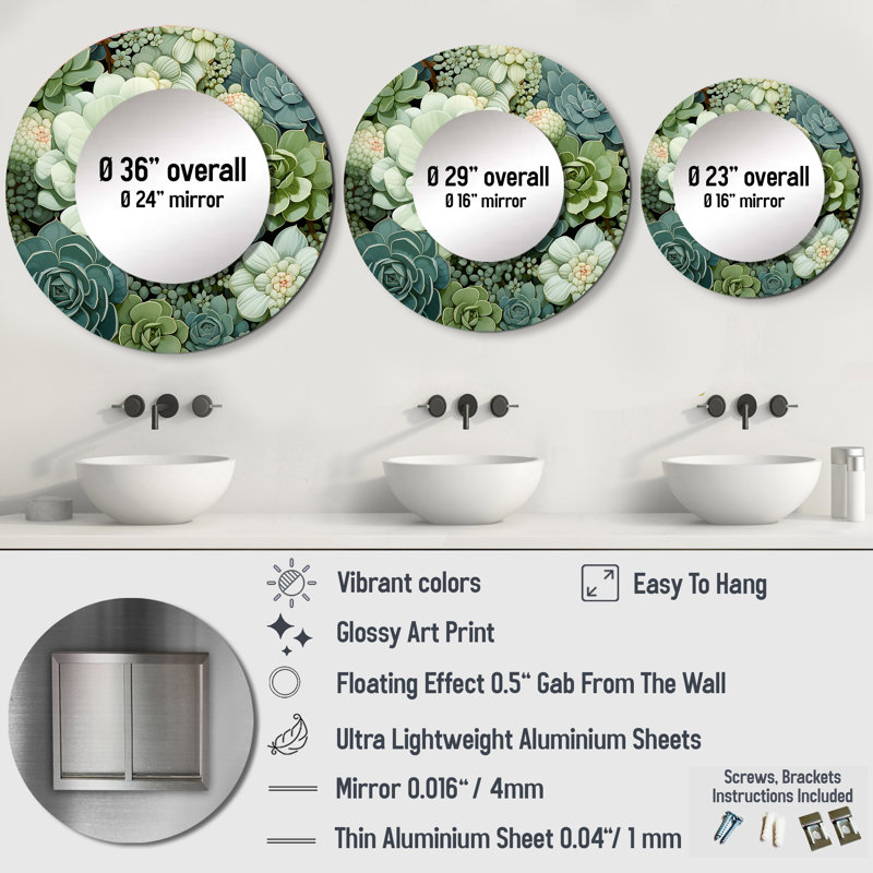 Green Succulents Flowers Serene Succulents IV - Succulent Decorative Mirror, Traditional Wall Mirror, Printed Metal Art