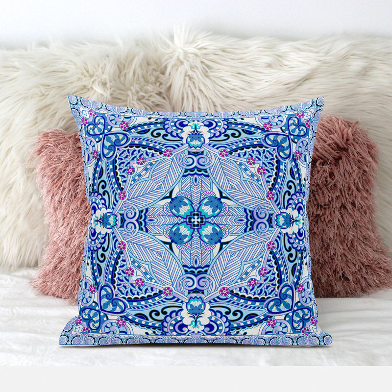 Housse et insert de coussin carré en polyester intérieur / extérieur, 18 po x 18 po, Blanc / bleu / mauve