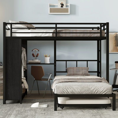 Lit superposé double au-dessus d'un lit double en métal de couleur noire avec garde-robe intégrée, lit gigogne, table pliante, système d'utilisation efficace de l'espace, procédé de revêtement antirouille, bureau pliable à installation rapide,