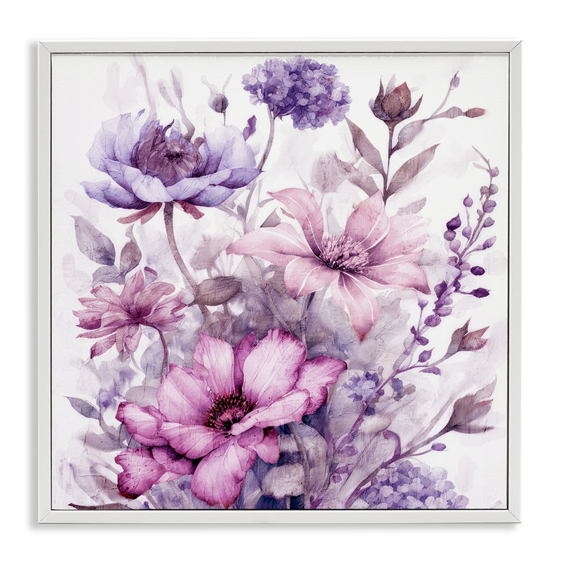 Giclée encadrée de fleurs mauves et rosées, design par Kim Allen, H 12 po x l 12 po, Encadrement giclée blanc côtier