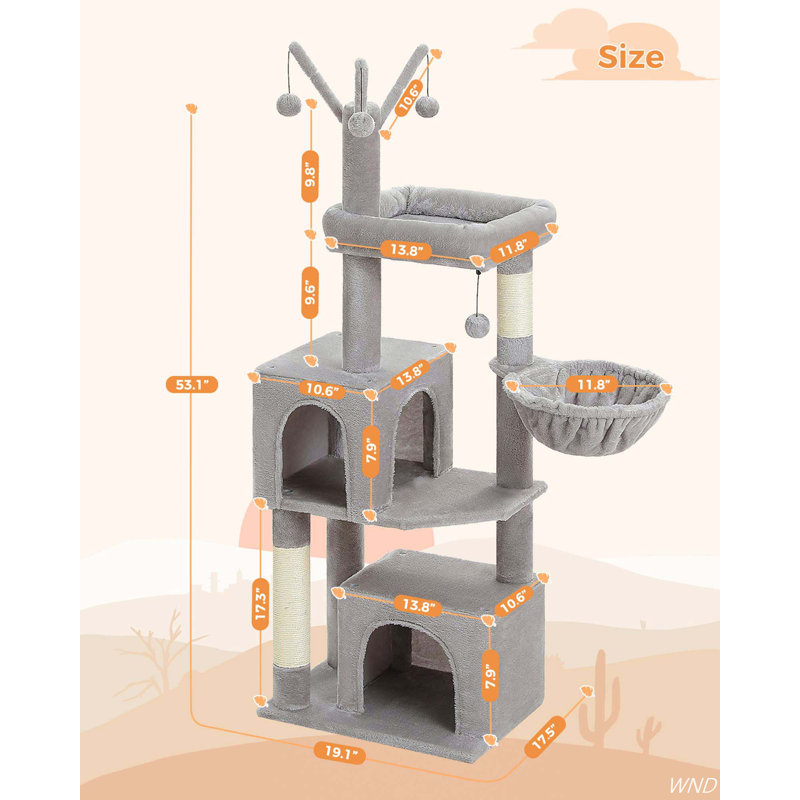 53" Gray Plush Cat Tree Tower with Condos and Hammock